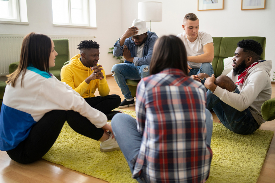 Teens sit on the floor in a circle talking